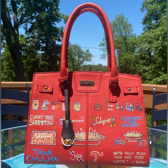 BCBG Handbags - VanRahDesign hand painted BCBG purse with lock —Painting “Curry Jinga : Coral”